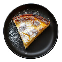 Top view of a delicious looking Schmalzkuchen on a dark plate isolated on a white transparent background.