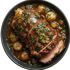 Top view of a delicious looking Schweinsbraten mit Knödeln on a dark plate isolated on a white transparent background
