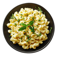 Top view of a delicious looking Spätzle mit Zwiebeln on a dark plate isolated on a white transparent background
