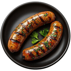 Top view of a delicious looking Würstchen im Schlafrock on a dark plate isolated on a white transparent background
