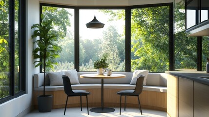 Fototapeta premium Modern kitchen nook with expansive window views. Sunlight streams into a cozy, curved seating area