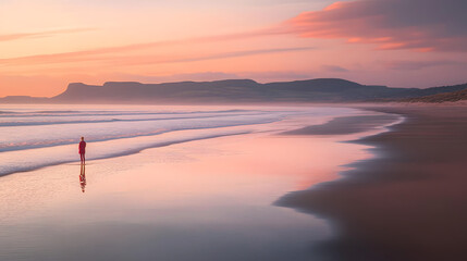 Solitary Stroll at Dusk: A serene landscape of a beach at dusk, with a lone figure taking a stroll near the water's edge. Capturing the tranquil atmosphere.