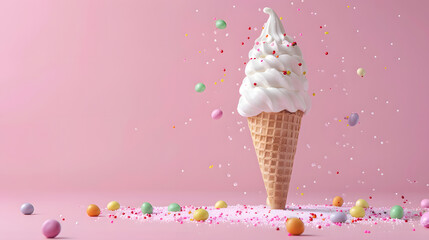 Colorful ice cream cone and candies on pink background - Sweet summer treat photography