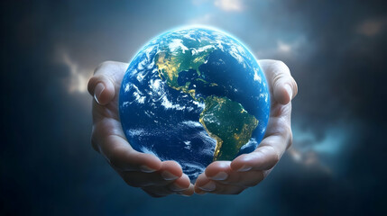 Caring hands gently hold a luminous Earth against a celestial backdrop