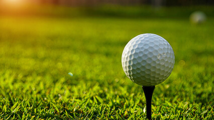 Golf ball on green grass in the evening golf course with sunshine background.