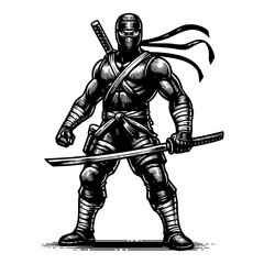 Obraz premium Ninja holding sword sketch engraving black and white outline. Scratch board imitation. illustrated in vintage line art style on a white background.