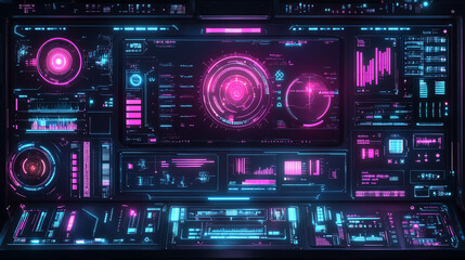 Futuristic holographic UI display with neon pink & cyan glow, floating tech elements, digital grid lines, and cybernetic texture in ultra HD. Perfect for sci-fi, tech, and cyberpunk themes.