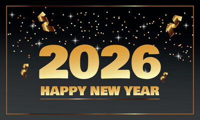 Obraz premium Happy new year 2026, gold numbers with golden Christmas decoration, symbol of the year Horse, glare and confetti on dark, red, blue background. Holiday card, banner design