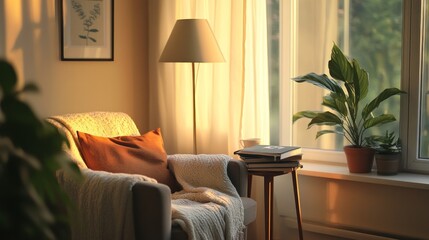 Cozy corner with warm sunlight.  A comfortable armchair draped with a blanket, illuminated by golden hour light, sits next to a window filled with natural light.  