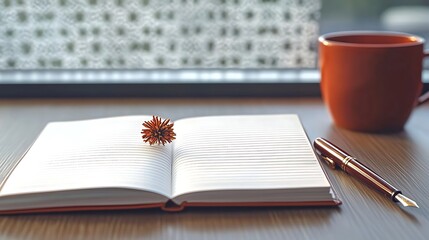 Naklejka premium Open notebook, pen, & mug on table, cozy view, soft light through window, small flower accent