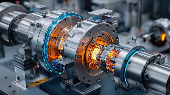 High-tech rotating metal shaft with glowing energy rings and connectors