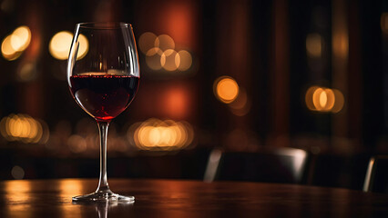 Glass of red wine in elegant bar lighting,A single glass of red wine sits on a polished table in a dimly lit, upscale bar with warm bokeh background lighting.

