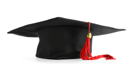 Black graduation hat on white background