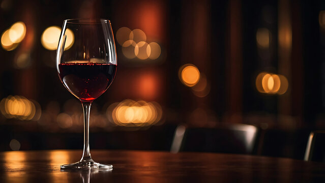 Glass of red wine in elegant bar lighting,A single glass of red wine sits on a polished table in a dimly lit, upscale bar with warm bokeh background lighting.

