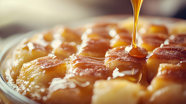 Golden syrup cascades over a freshly baked caramelized sweet pastry treats