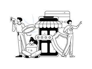 Holiday shopping people doing e-commerce online shopping flat vector concept operation hand drawn illustration
