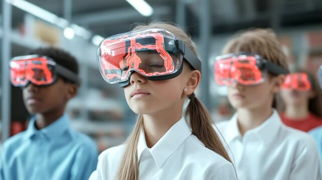 A diverse group of schoolchildren wearing augmented reality headsets, exploring an interactive D model of the human body in a high-tech classroom - Powered by Adobe
