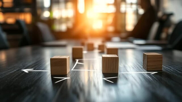 Warm lighting highlights wooden blocks scattered on a desk, linked by chalk-drawn arrows, representing a brainstorming session on teamwork and workplace communication