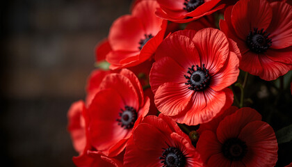 Close-Up of Vibrant Red Poppies on Dark Background for Floral Blogs, Nature Websites, Emotional Wellness Articles, and Social Media Content