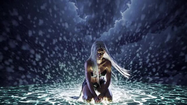 Lightning arcs overhead as woman warrior kneels in swirling water; woman warrior channels storm might, woman warrior unleashes primal surge. Concept unstoppable fury