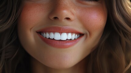 Fototapeta premium Big bright white smile headshot with a beautiful brunette woman sincere happy cheerful positive expression