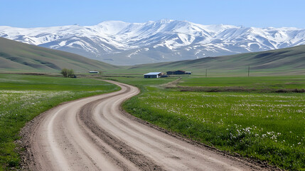 Winding dirt road through vibrant green field towards distant snow-capped mountains