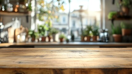 Empty Wooden Kitchen Table with Blurry Background of a Cozy Kitchen with Plants and Natural Lighting