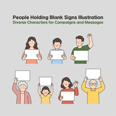People Holding Blank Signs Illustration for Campaigns and Messages. signs, activism poster, vector characters, hand drawn people, cartoon protest, custom message sign, awareness campaign