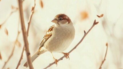 Sharp Focus Sparrow on Thin Branch with White Background and Realistic Feather Detail in High Resolution