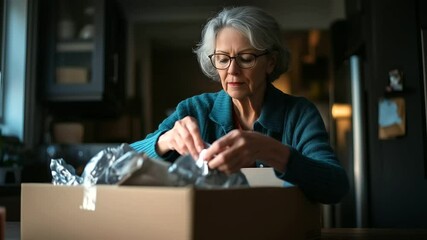 A focused elderly woman carefully arranges fragile items in a box, ensuring they are safely packed as she prepares to downsize - Powered by Adobe