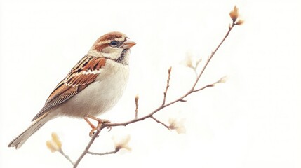 Sharp Focus Sparrow on Thin Branch with White Background and Realistic Feather Detail in High Resolution