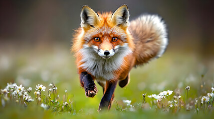 red fox dashing through a dense forest, its fur contrasting beautifully against the green background 
