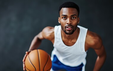 Young Man Holding Basketball in Gym Ready to Play Sports
