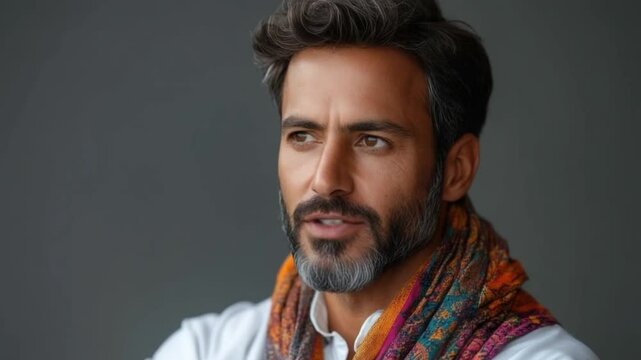 Portrait of a Contemplative Man: A close-up portrait of a handsome man with a well-groomed beard and stylish hair, thoughtfully gazing off-camera, adorned with a vibrant, patterned scarf.
