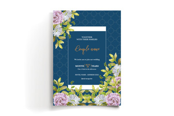 WEDDING INVITATION FRAME WITH FLOWER DECORATIONS AND FRESH LEAVES
