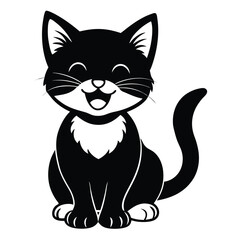 A cute black cat cartoon vector illustration shows a happy feline character sitting with a smile