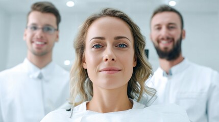 Fototapeta premium Smiling woman and her doctors are ready for dental treatment at the bright clinic.