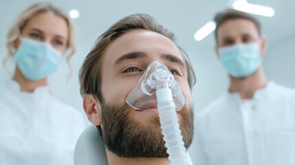 Patient receives oxygen during a dental treatment with medical professionals in attendance.