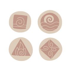 set of stones with signs of the elements. The four signs are air, water, wind, and earth. Flat color illustration. Suitable for fantasy projects, books, games, and artwork related to magic, alchemy