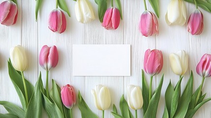 Flat Lay of Pink and White Tulips with Blank Card on White Wooden Background for Spring Greeting Design