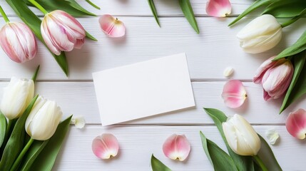 Flat Lay of Pink and White Tulips with Blank Card on White Wooden Background for Spring Greeting Design
