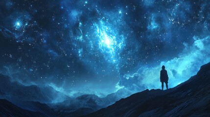 Contemplative figure under celestial expanse with mountains and star clusters