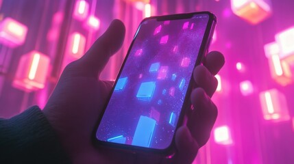 Hand holding smart phone with abstract glowing squares