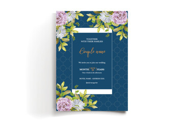 WEDDING INVITATION FRAME WITH FLOWER DECORATIONS AND FRESH LEAVES