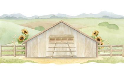 Farm landscape with chicken coop, roosting perch ladder, wooden fence and sunflowers watercolor illustration isolated on white. Rural henhouse with countryside fields for poultry yard designs © Elena Malgina