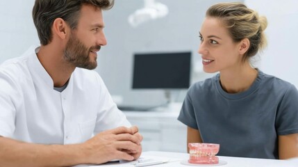 Fototapeta premium A dentist discussing a treatment plan with a patient, with a model of teeth on the table.