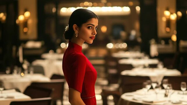 A passionate Indian event coordinator, elegantly dressed, stands in a chic restaurant&rsquo;s private hall, ensuring that the dining tables are arranged beautifully