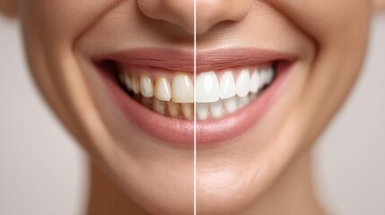 A split image comparing stained and whitened teeth, displaying a radiant smile makeover.