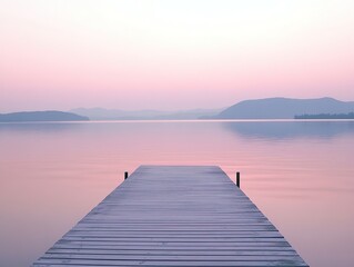 A long wooden pier stretches towards distant misty hills across the perfectly calm surface of a lake under a soft, minimalist pink and purple predawn sky.