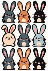Fototapeta premium Discover a charming collection of rabbit vector illustrations in various coat colors, perfect for Easter-themed designs, children's books, and whimsical illustrations that capture the adorable essence